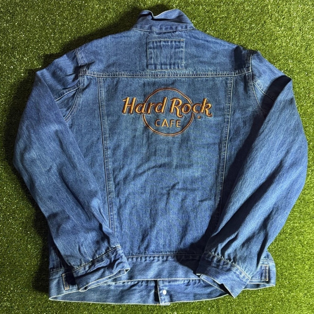 Hard Rock Cafe Denim Trucker Jacket‎ Mens Large Embroidered Logo 1971 Vintage